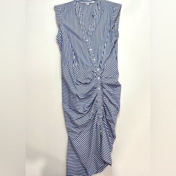 Veronica Beard Striped Asymmetrical Ruched Cotton Shirt Dress - Picture 5 of 16